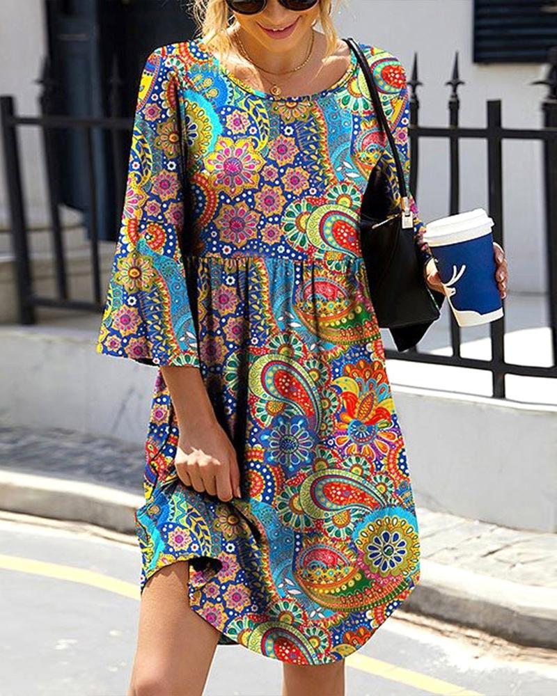 

Paisley Print Bell Sleeve Casual Dress, Multicolor