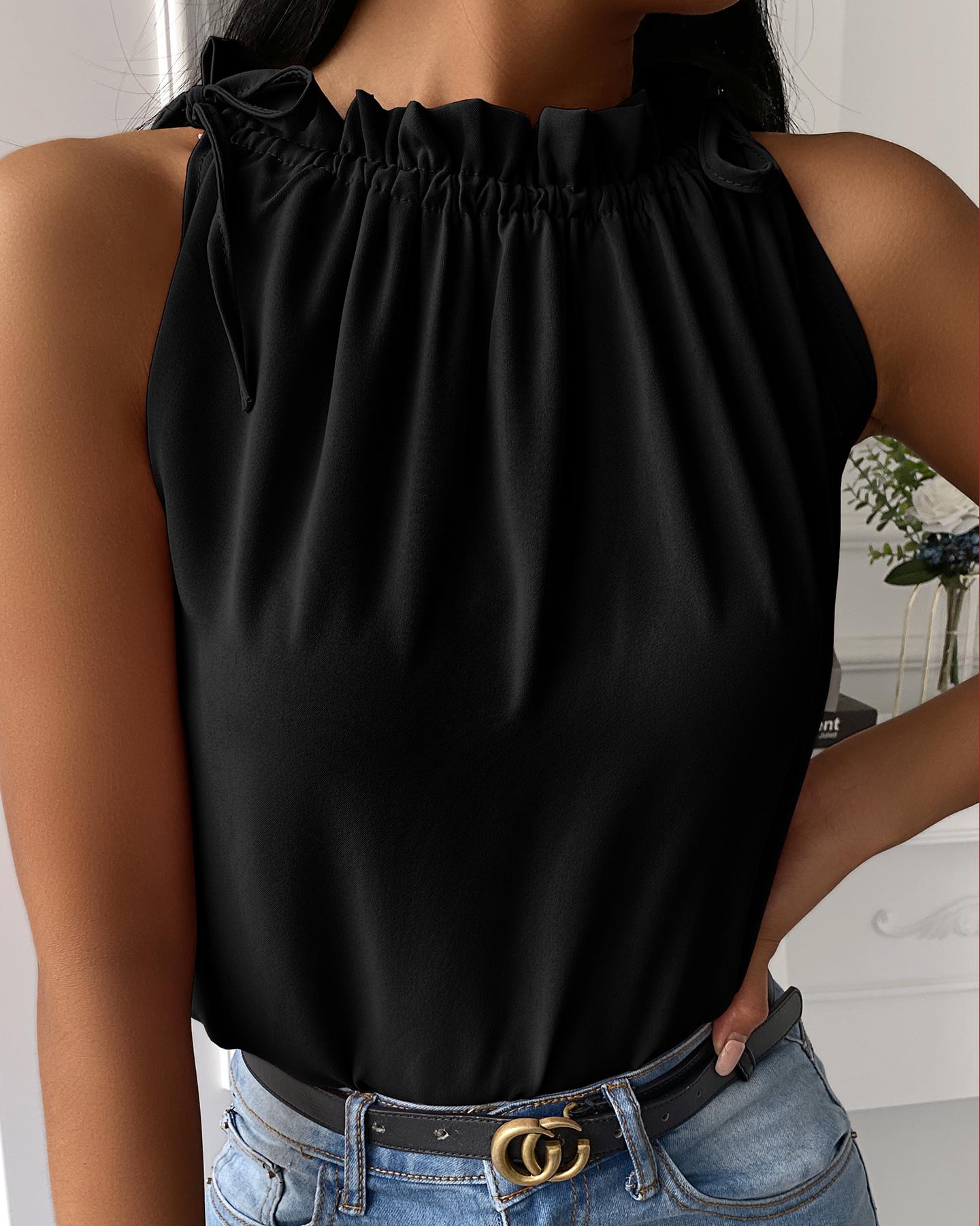 

Solid Ruffles Sleeveless Loose Chiffon Tanks, Black