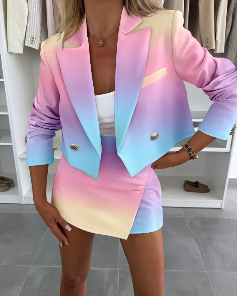 

Tie Dye Print Notched Collar Long Sleeve Button Blazer and Casual Asymmetrical Slit Shorts Sets, Multicolor