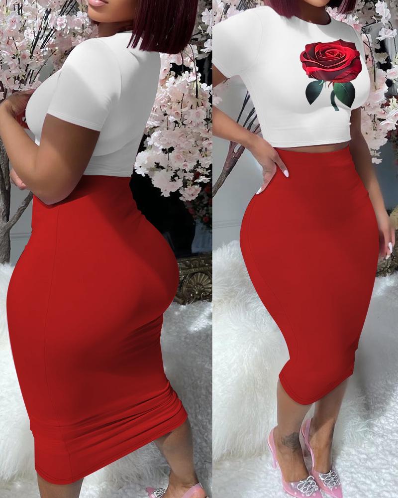 

Rose Print Crop Top & High Waist Skirt Set, Red