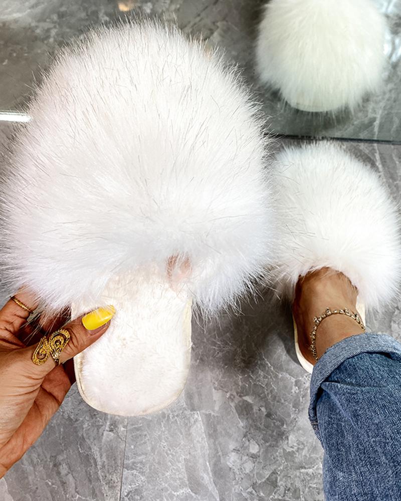 

Fluffy Faux Rabbit Fur Round Toe Slippers, White