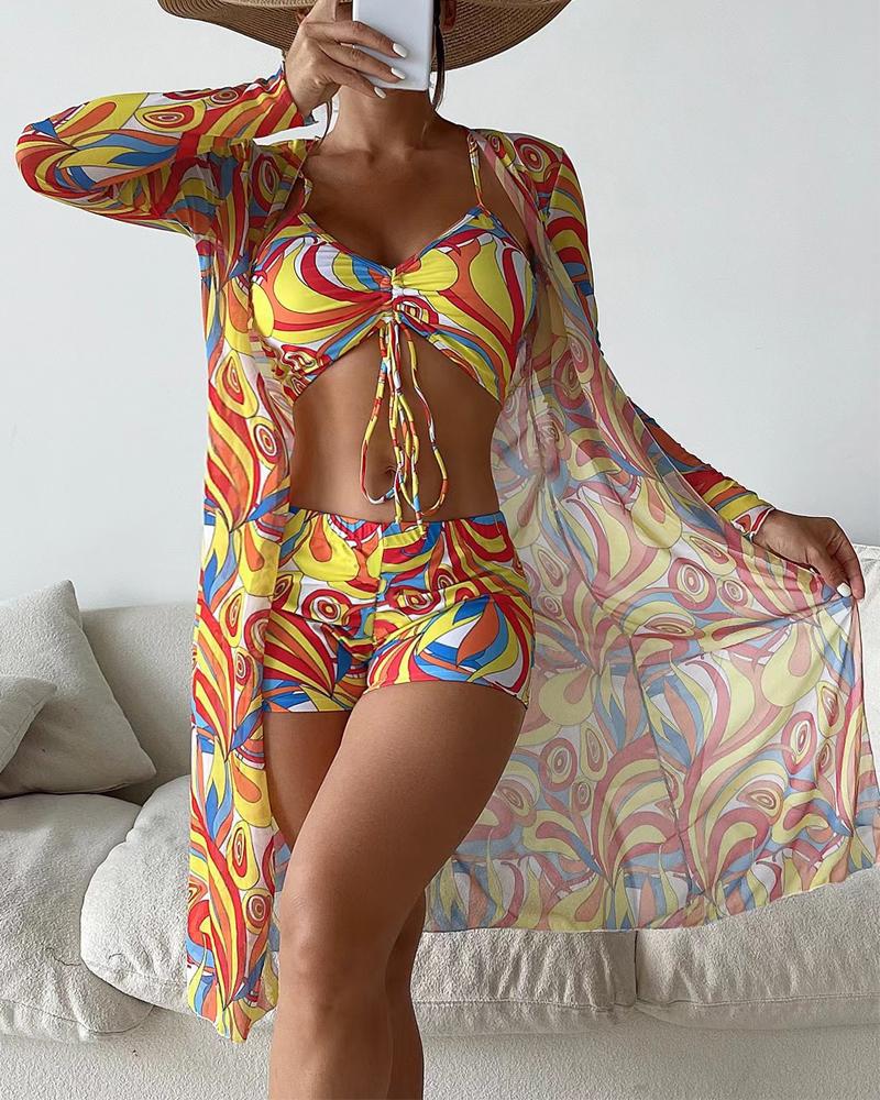 

3PCS Abstract Print Drawstring Bikini Set With Cover Up, Yellow