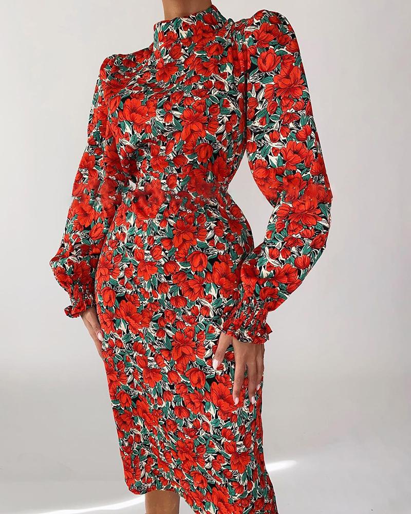

Puff Lantern Sleeve Floral Print Dress, Red