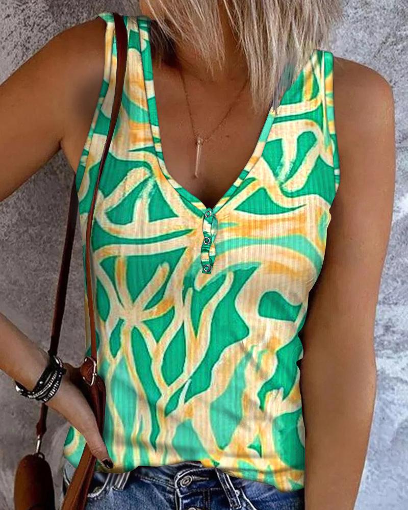 

Abstract Print Button Front Tank Top, Green