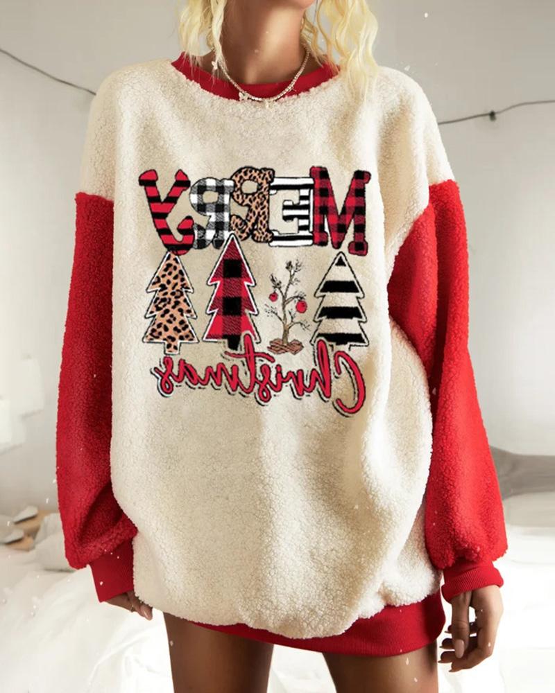 

Christmas Tree Letter Pattern Long Sleeve Teddy Sweatshirt, Red
