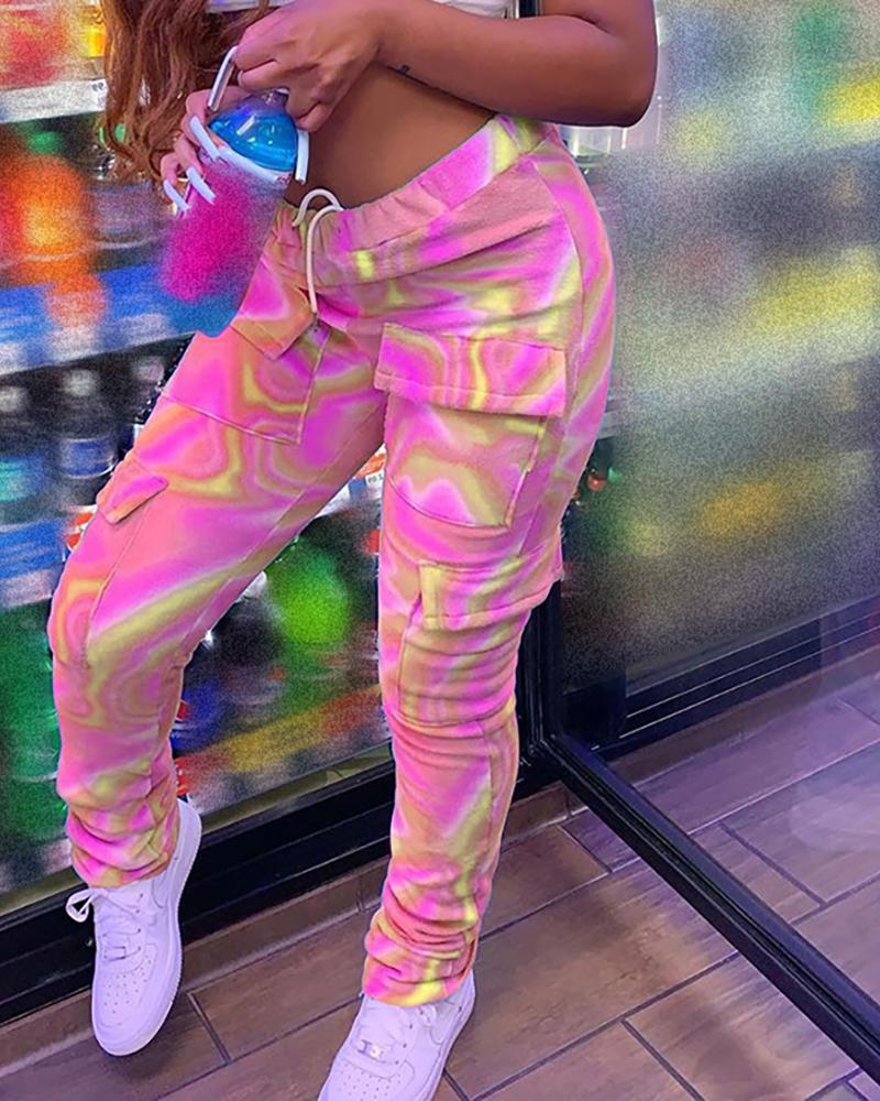 

Colorblock Drawstring Pocket Design Casual Pants, Light pink
