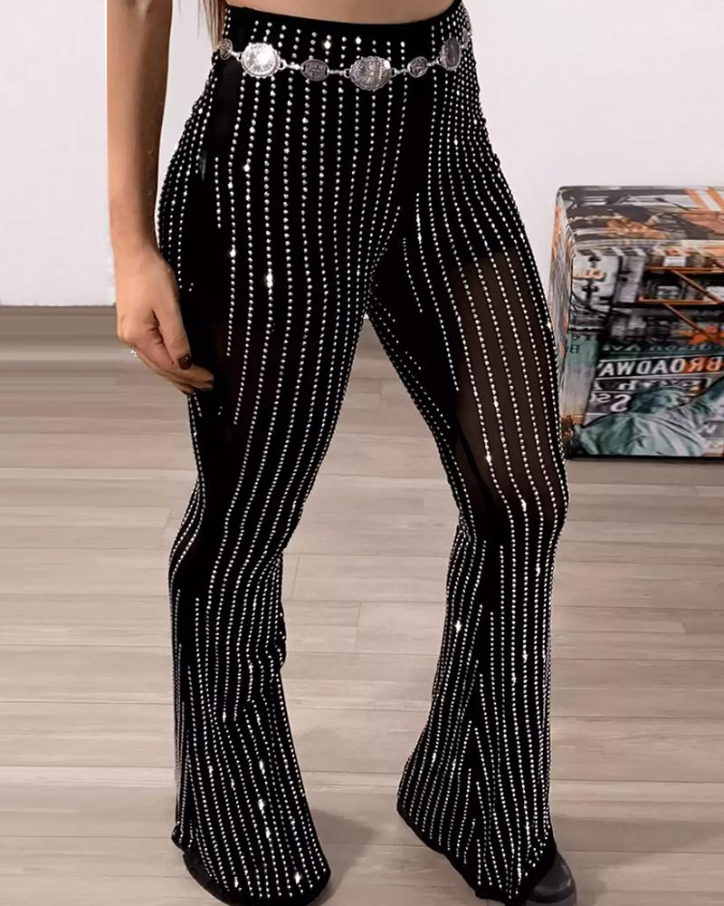 

Sheer Mesh Rhinestone Decor High Waist Skinny Flared Pants, Black