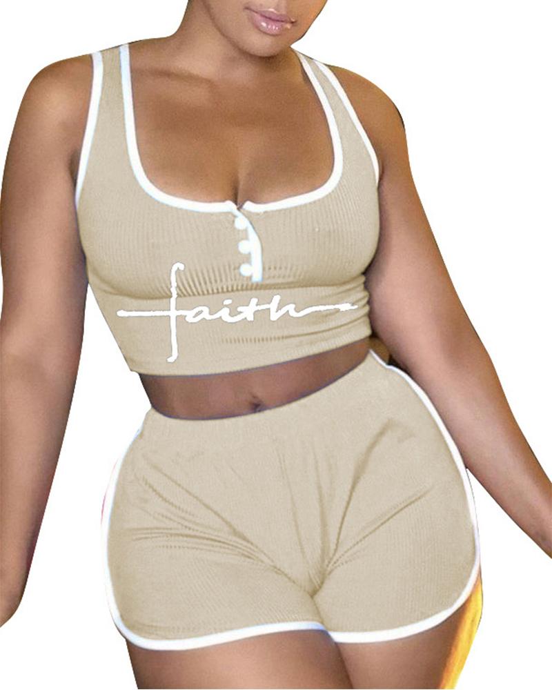 

Contrast Binding Letter Print Top & Shorts Set, Nude