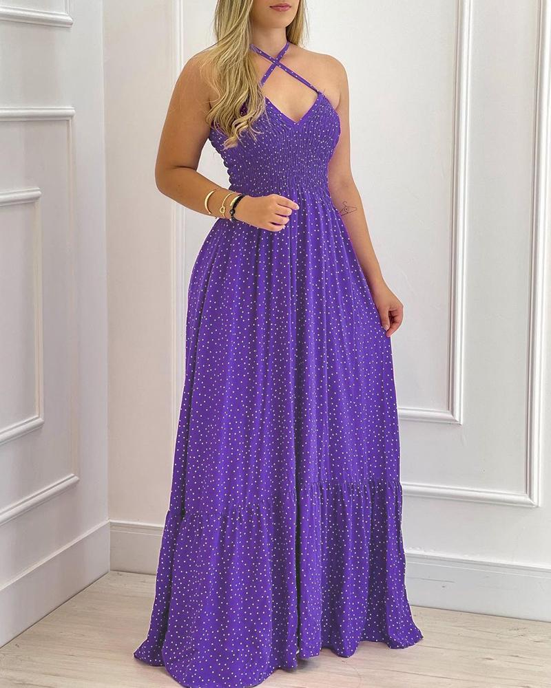 

Halter Polkadot Print Evening Dress, Purple