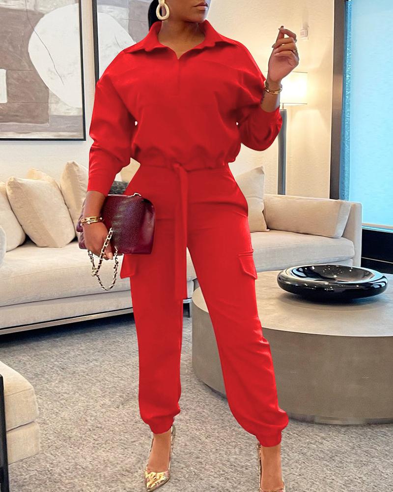 

Long Sleeve Drawstring Top & Pocket Design Pants Set, Red