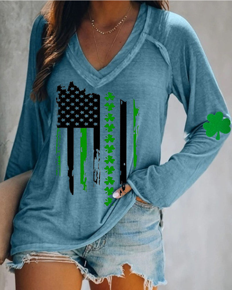 

St. Patrick' Day Clover Flag Print Long Sleeve Top, Blue