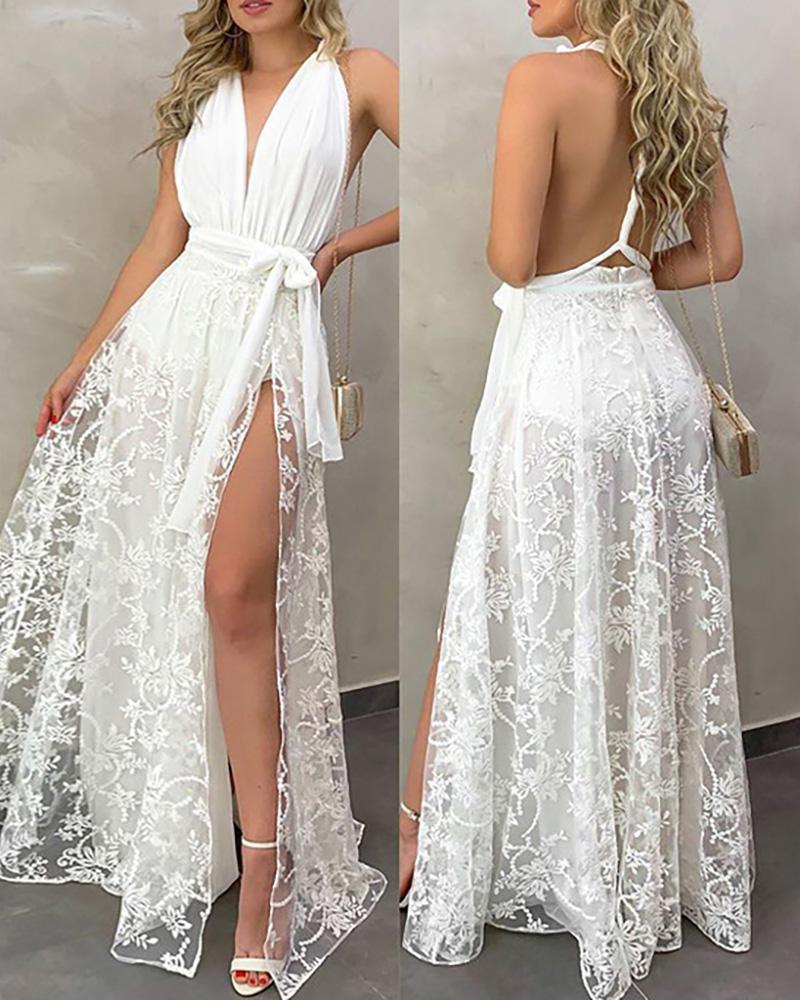 

Ruched Backless Lace High Slit Maxi Dress, White