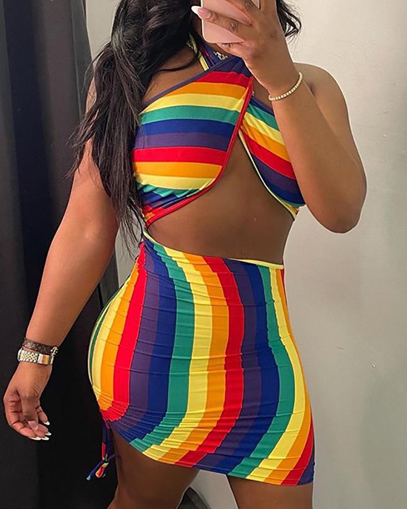

Halter Rainbow Stripe Cutout Drawstring Ruched Bodycon Dress, Blue