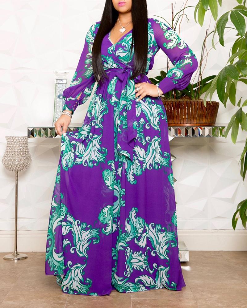 

Long Sleeve Retro Print Maxi Dress, Purple