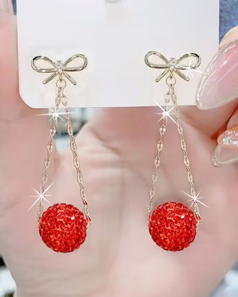 

1 par de aretes colgantes de diamantes de imitación con patrón de bola Bowknot, Red