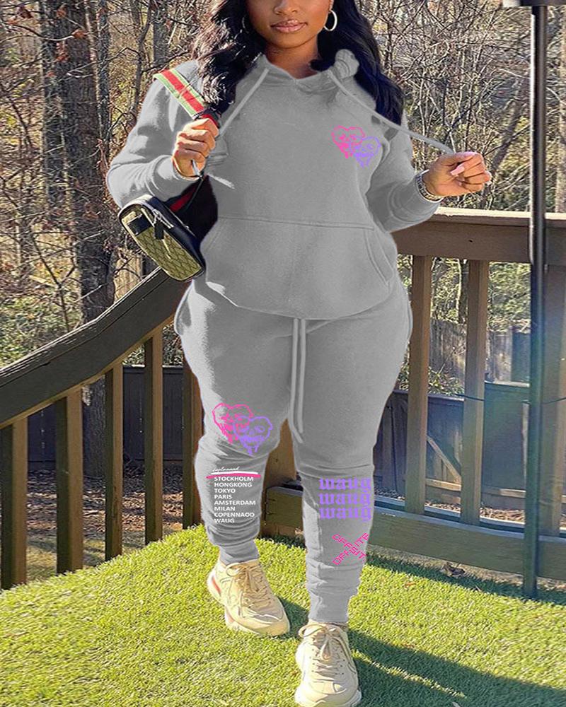 

Plus Size Letter Heart Print Casual Hoodie & Pants Set, Gray
