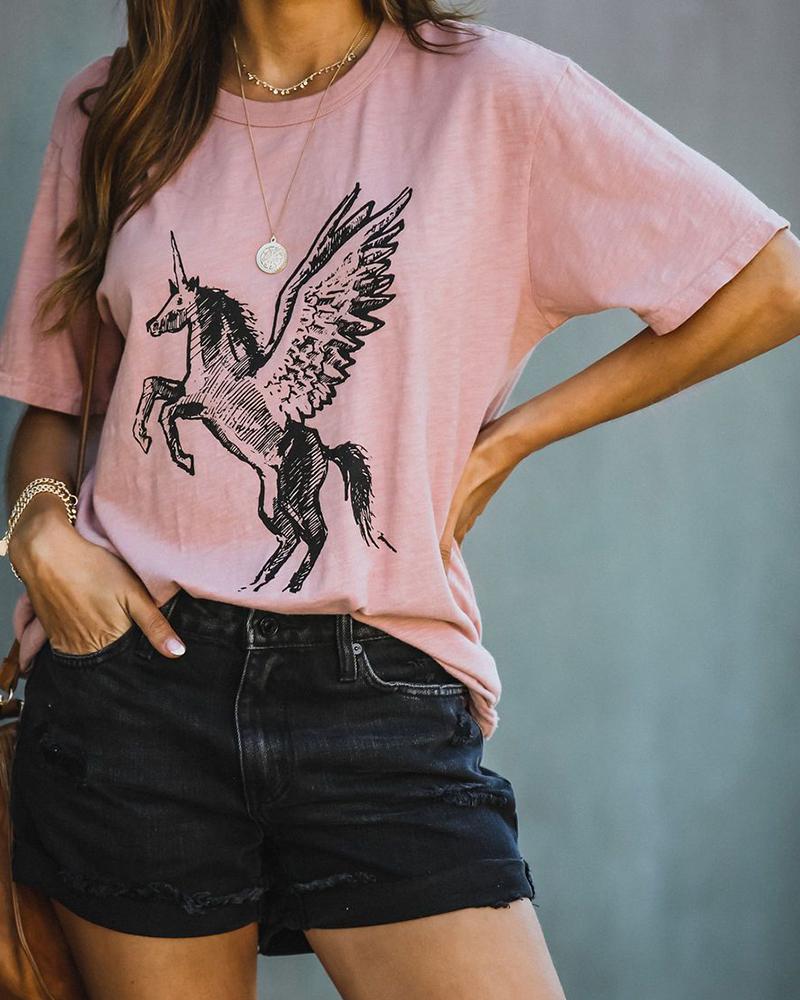 

Unicorn Print Short Sleeve Casual T-shirt, Pink