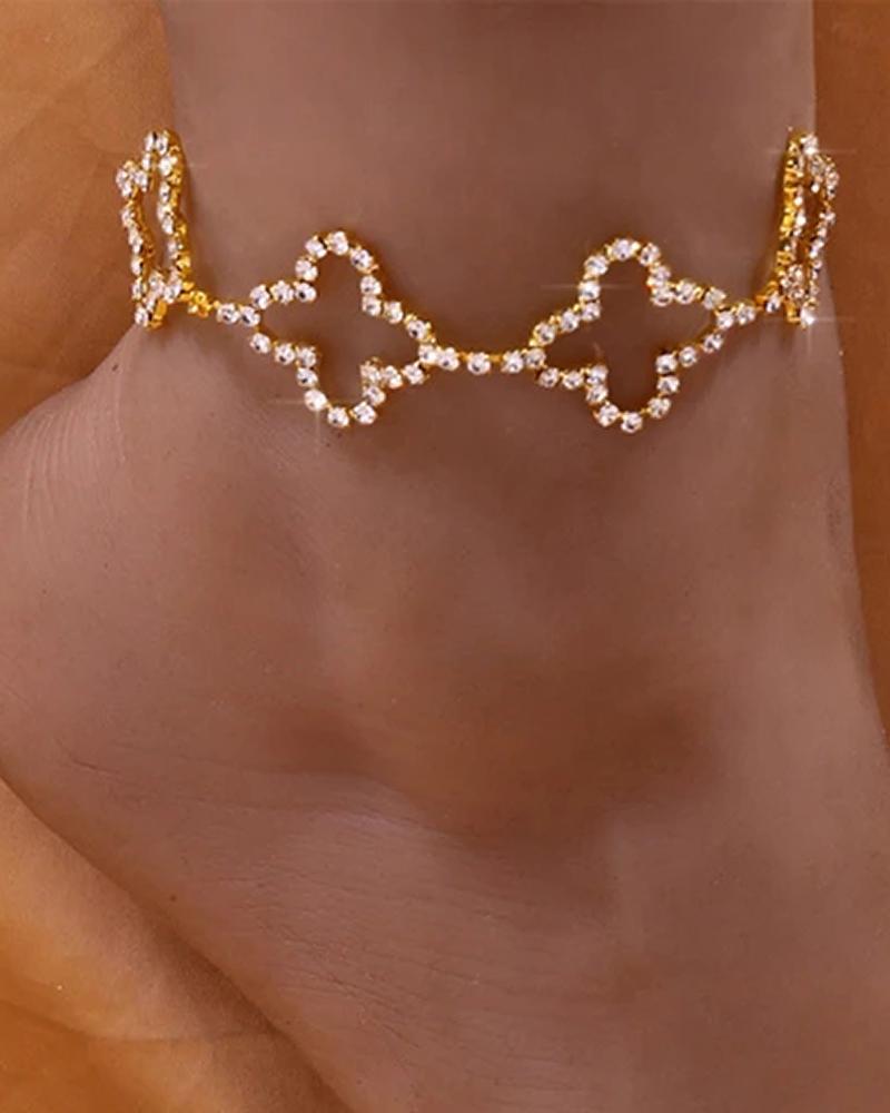 

1pcs Hollow-Out Floral Shaped Rhinestone Chain Anklet, Gold