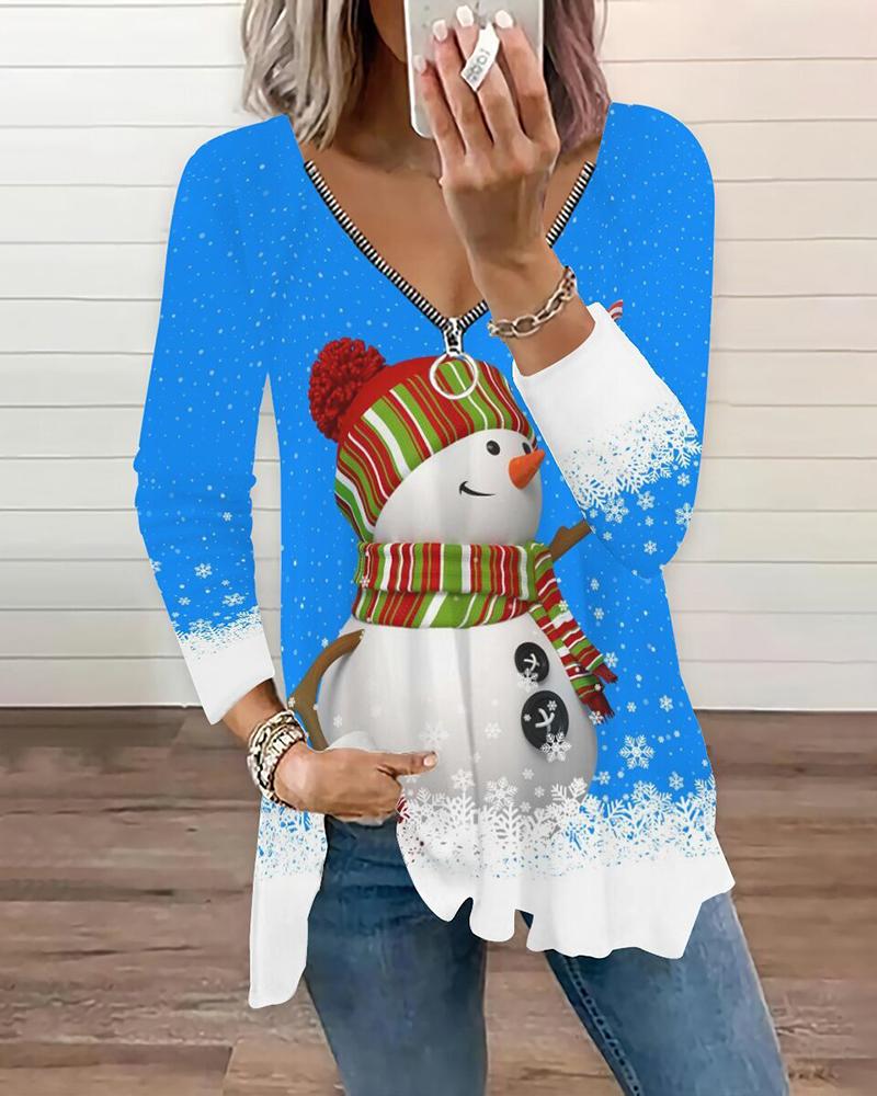 

Christmas Snowman Print Zipper Design Top, Turquoise blue