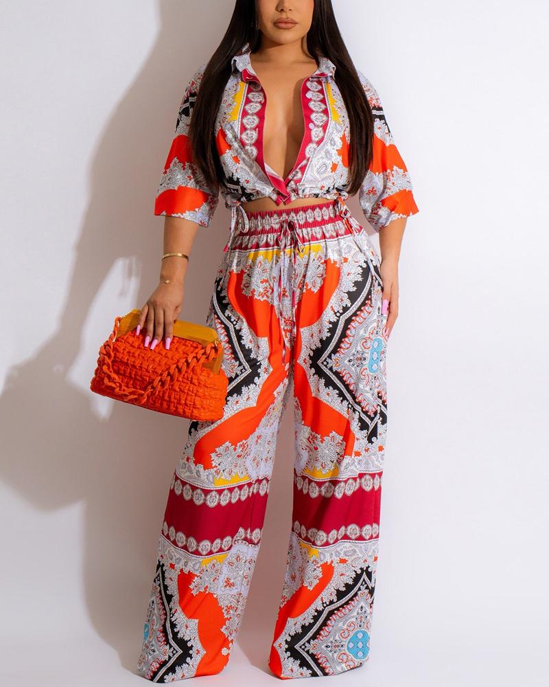 

Paisley Scarf Print Crop Top & Wide Leg Pants Set, Red