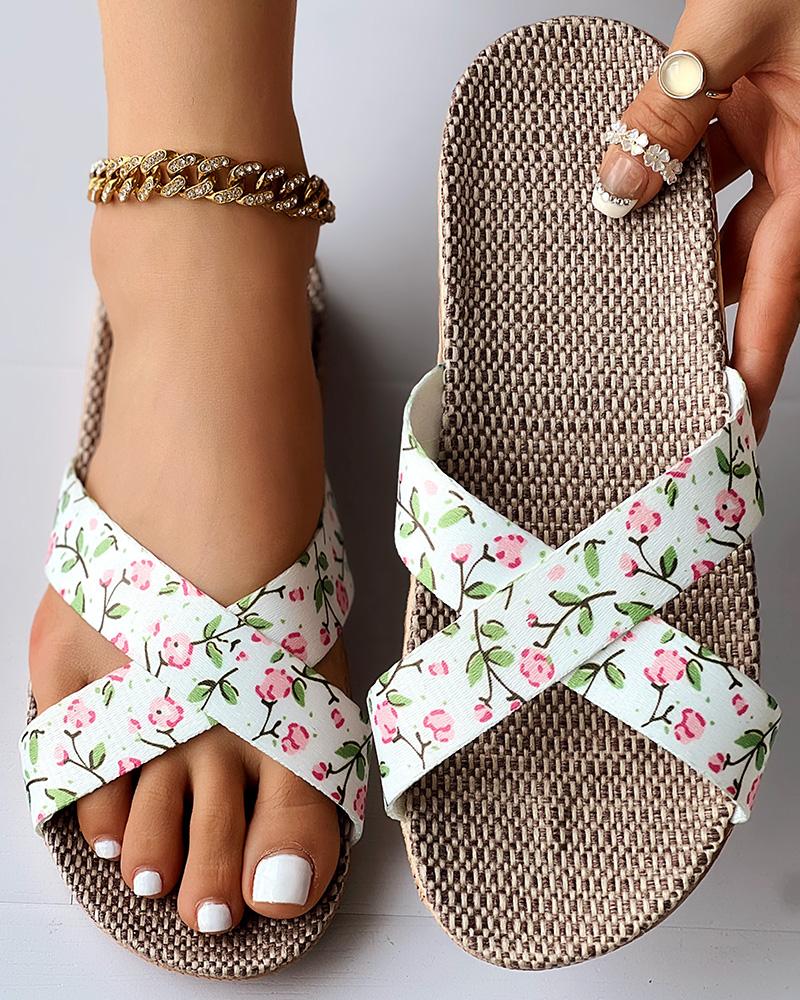 

Ditsy Floral Cross Strap Linen Slippers, Pink