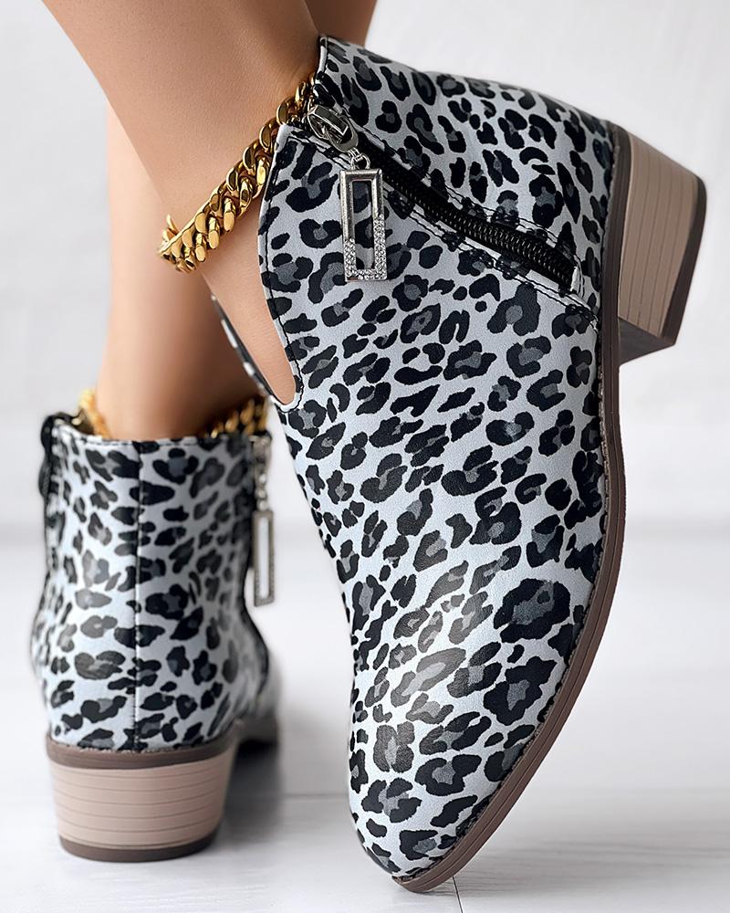 

Side Zipper Leopard Ankle Boots, White&leopard