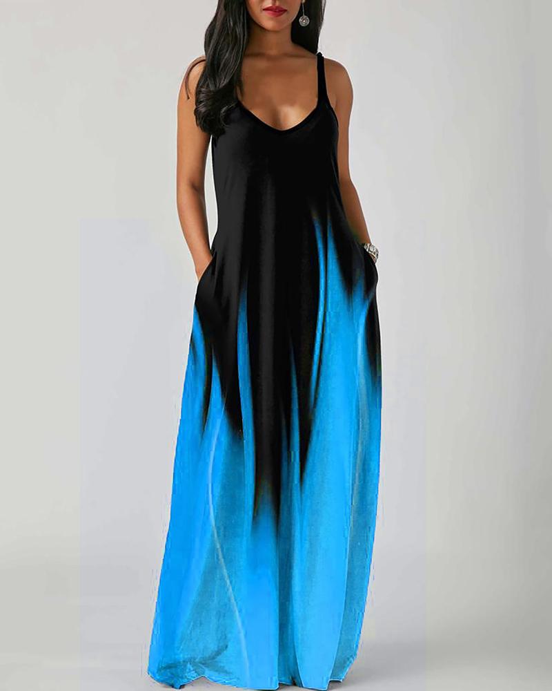 

Abstract Print Colorblock Pocket Design Maxi Dress, Lighted blue