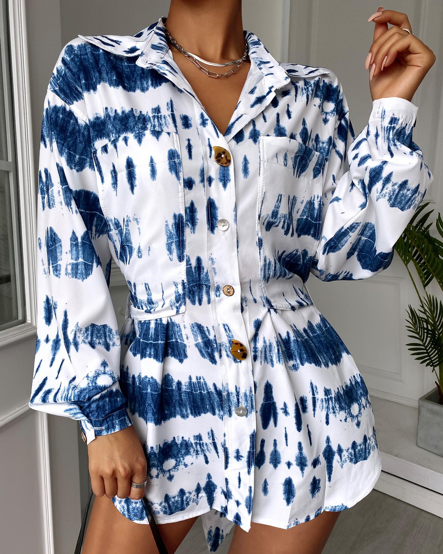

Tie Dye Print Button Pocket Design Shirt Dress, Multicolor