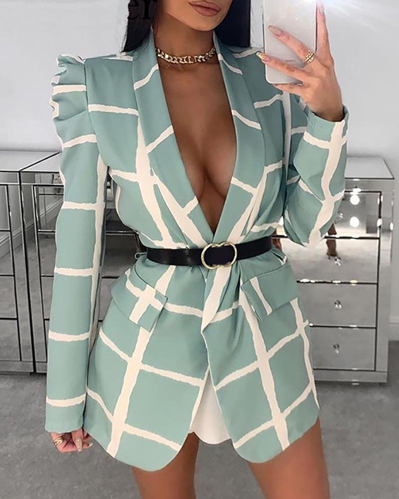 

Plaid Pattern Puffed Sleeve Pockets Design Blazer Coat, Green