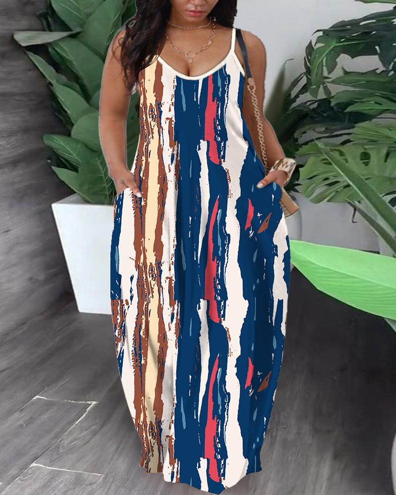 

Plus Size Abstract Print Striped Cami Maxi Dress, Blue