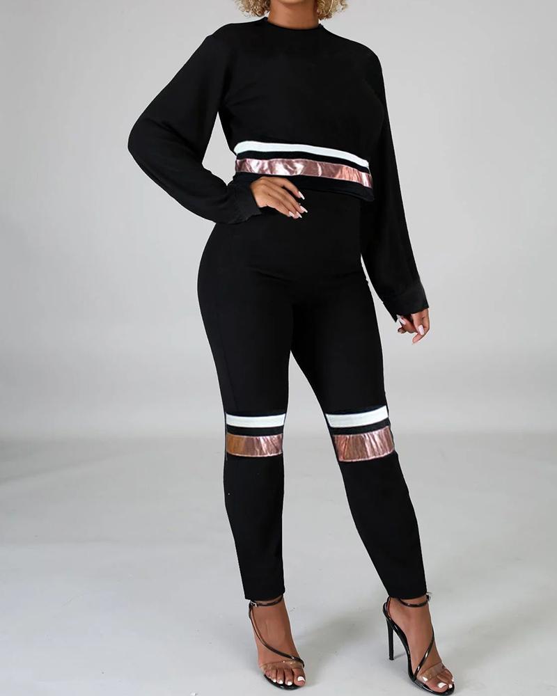 

Colorblock Sequins Long Sleeve Top & Pants Set, Black