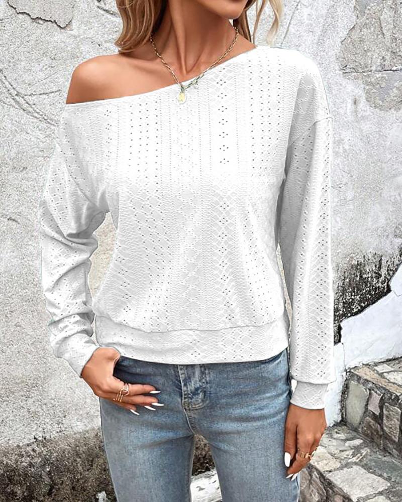 

Skew Neck Eyelet Embroidery Casual Top, White