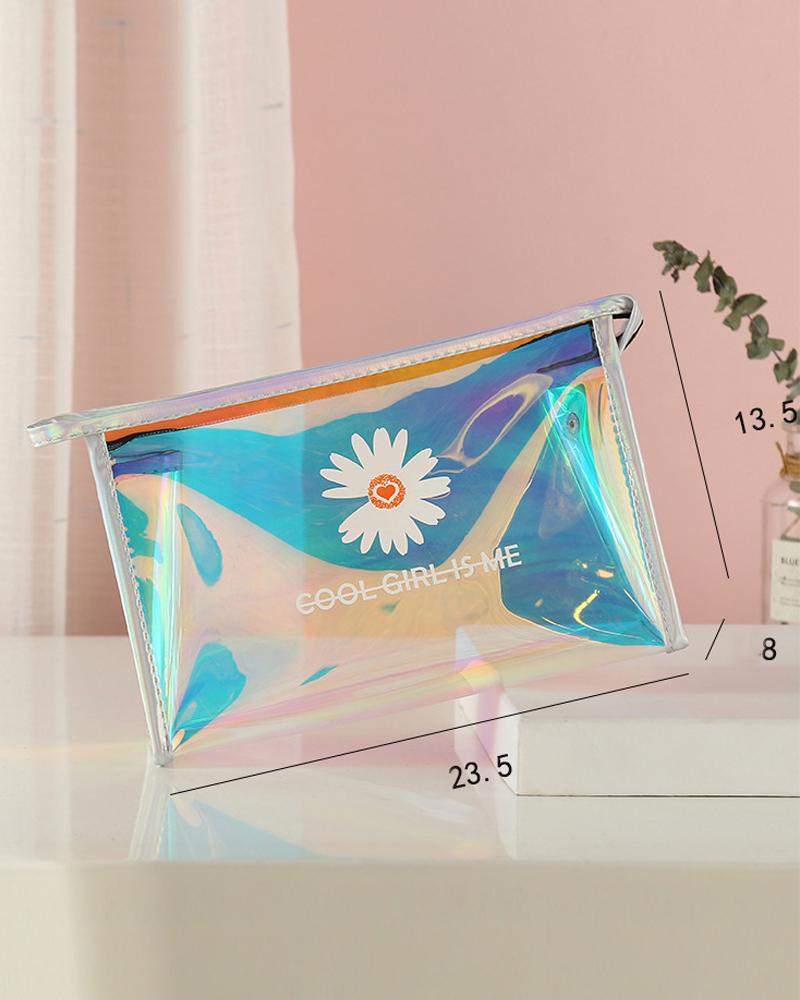 

Daisy Print Holographic Makeup Bag Portable Cosmetic Travel Pouch Waterproof Makeup Organizer, Blue