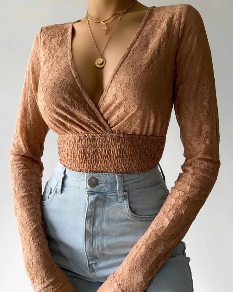 

Long Sleeve Crochet Lace Shirring Detail Bodysuit, Khaki