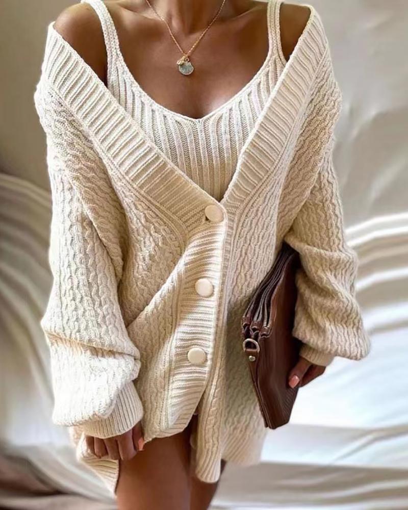 

V Neck Tank Dress With Lantern Sleeve Cardigan, Apricot