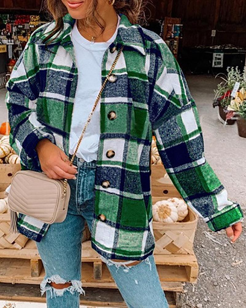 

Plaid Print Buttoned Long Sleeve Shacket, Green
