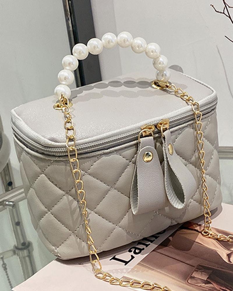 

Pearls Top Handle Quilted Bucket Handbag Trendy Crossbody Bag, Gray