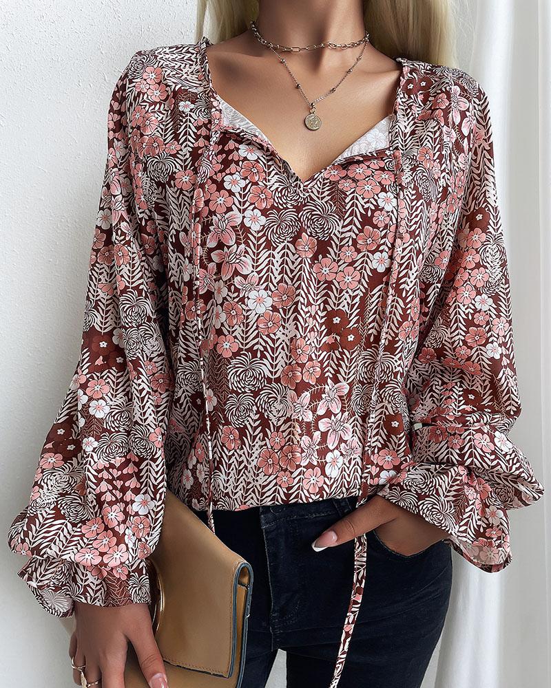 

Graphic / Floral Print Long Sleeve Frill Hem Top, Style2