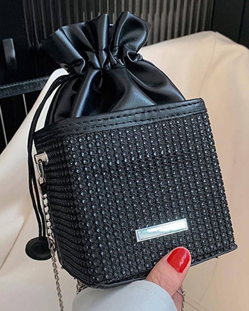 

Ombre Allover Rhinestone Drawstring Bucket Bag, Black