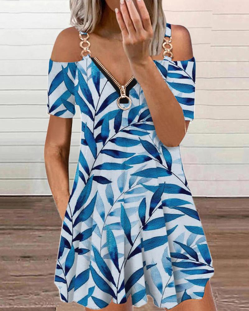 

Plants Print Zipper Design Cold Shoulder Dress, Blue