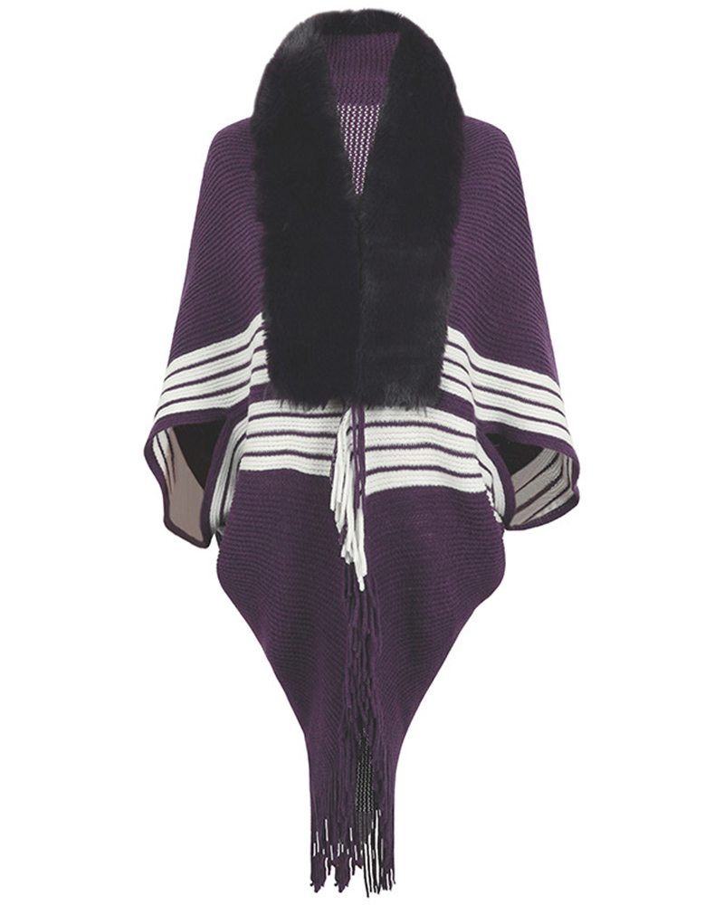 

Striped Fringe Hem Poncho Cardigan, Dark purple