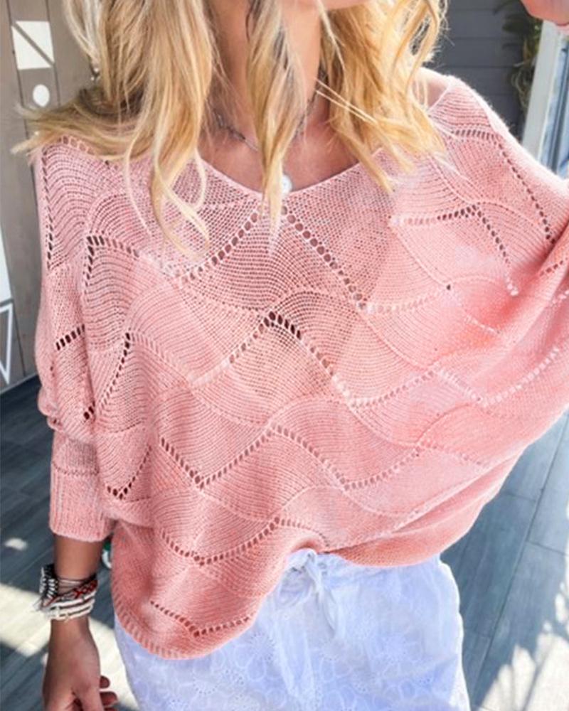 

Batwing Sleeve V-Neck Pointelle Knit Sweater, Pink