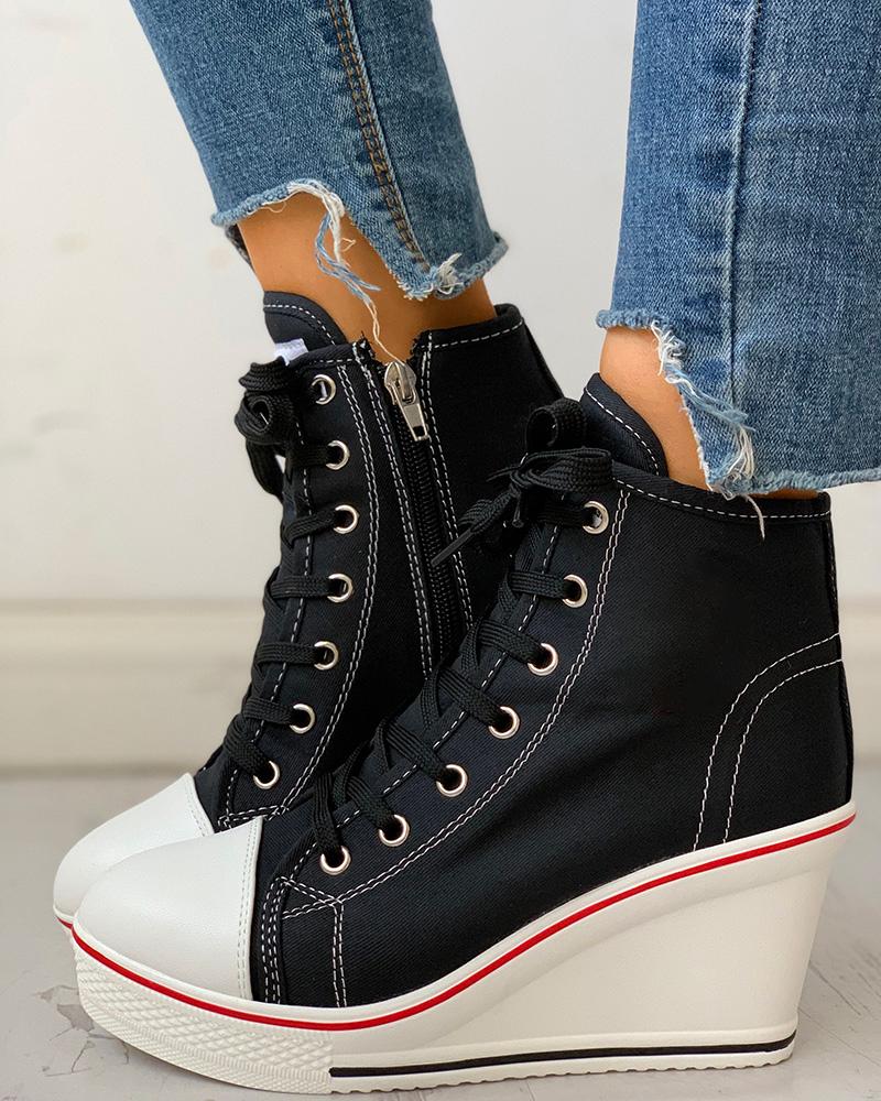 

Eyelet Lace-Up Platform Wedge Sneakers, Black