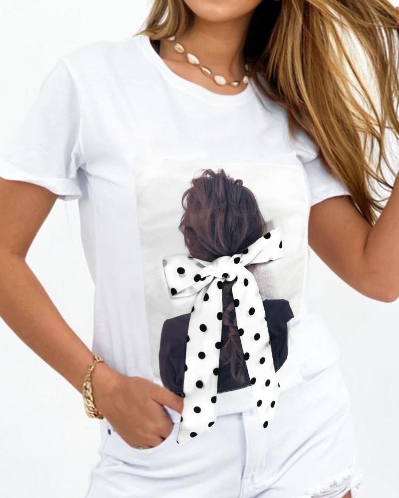 

Figure Print Round Neck Short Sleeve T-shirt, White