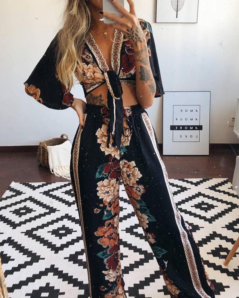 

Floral Print Tie Front Crop Top & Pants Set, Multicolor