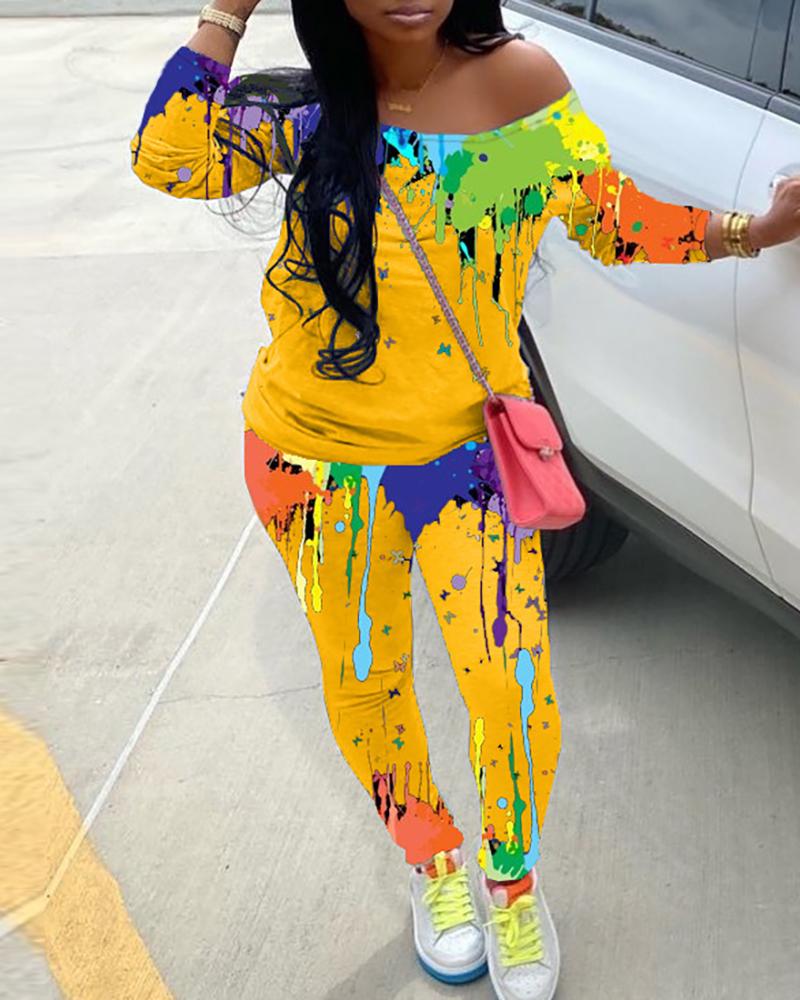 

Doodle Print One Shoulder Top & Fitted Pants Set, Yellow