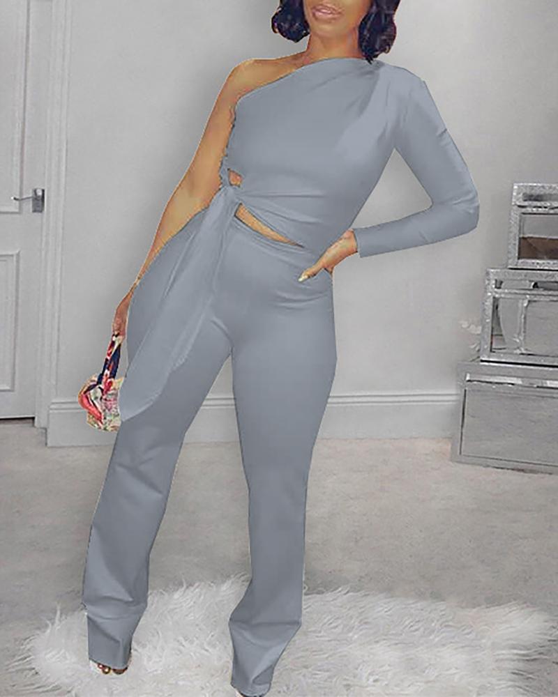 

Tied Detail One Shoulder Top & Pants Set, Gray