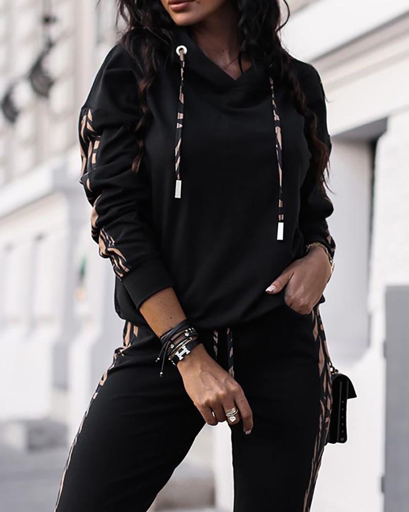 

Striped Drawstring Design Hooded Top & Casual Pant Sets, Black