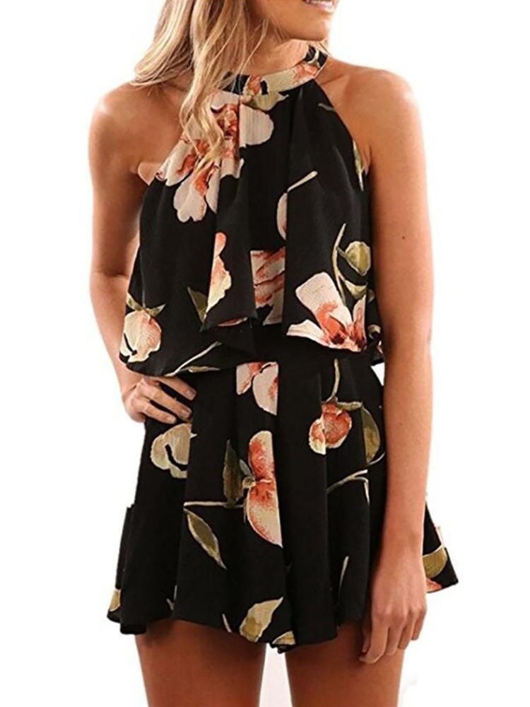 

Floral Halter Pleated Top & Shorts Sets, Black