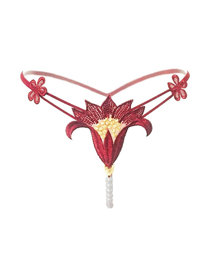

Sexy Floral Embroidery Splicing Pearl Low Waist Thong Panties, Wine red